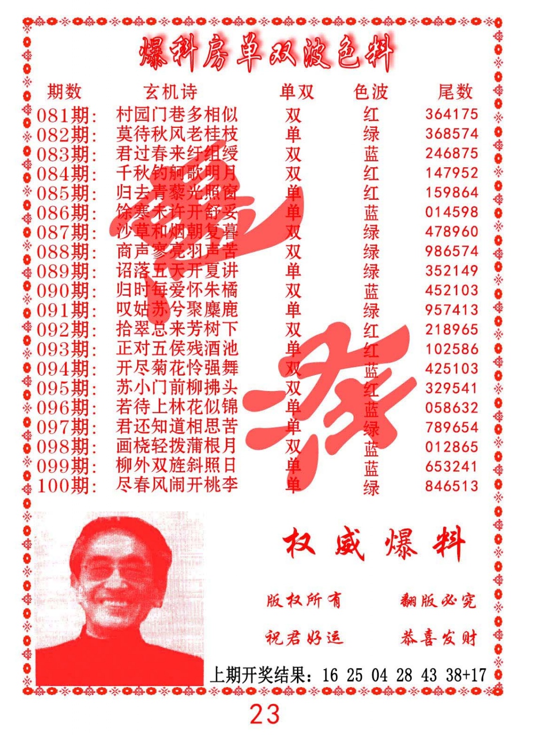 095期爆料房单双波色料[图]