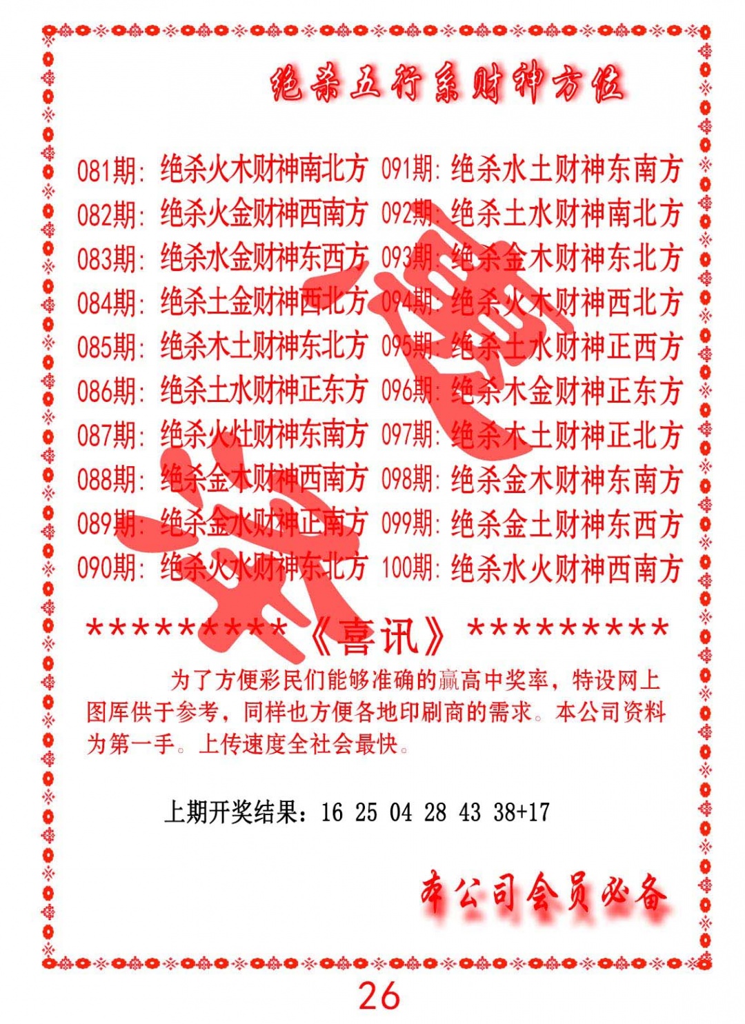 095期绝杀五行及财神方位[图]
